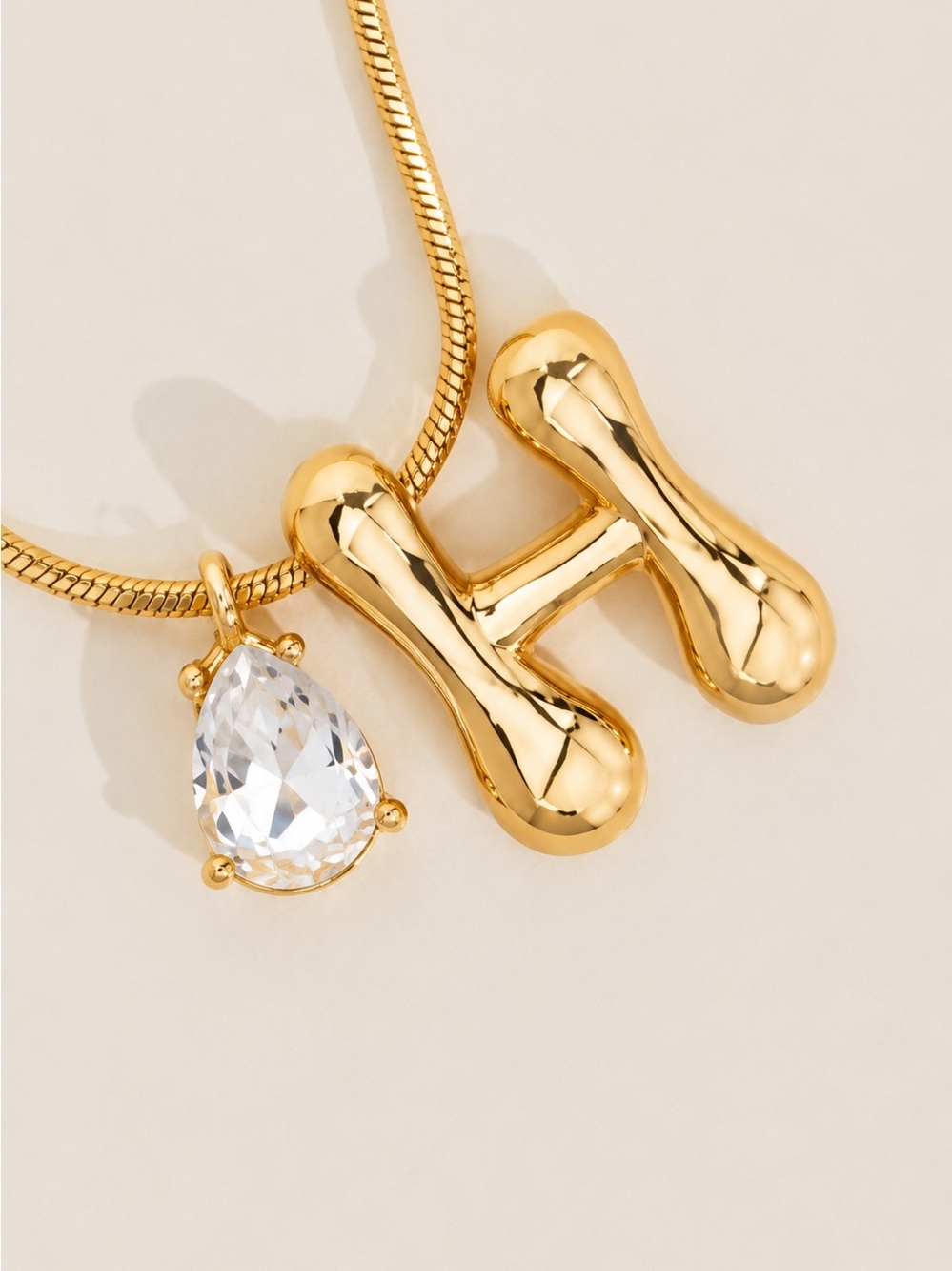 Gold Bubble Initial Pear Charm Necklace (7216)